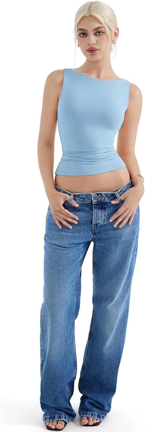 SUUKSESS Women Padded Open Back Boat Neck Tank Tops Double Lined Basic Shirts