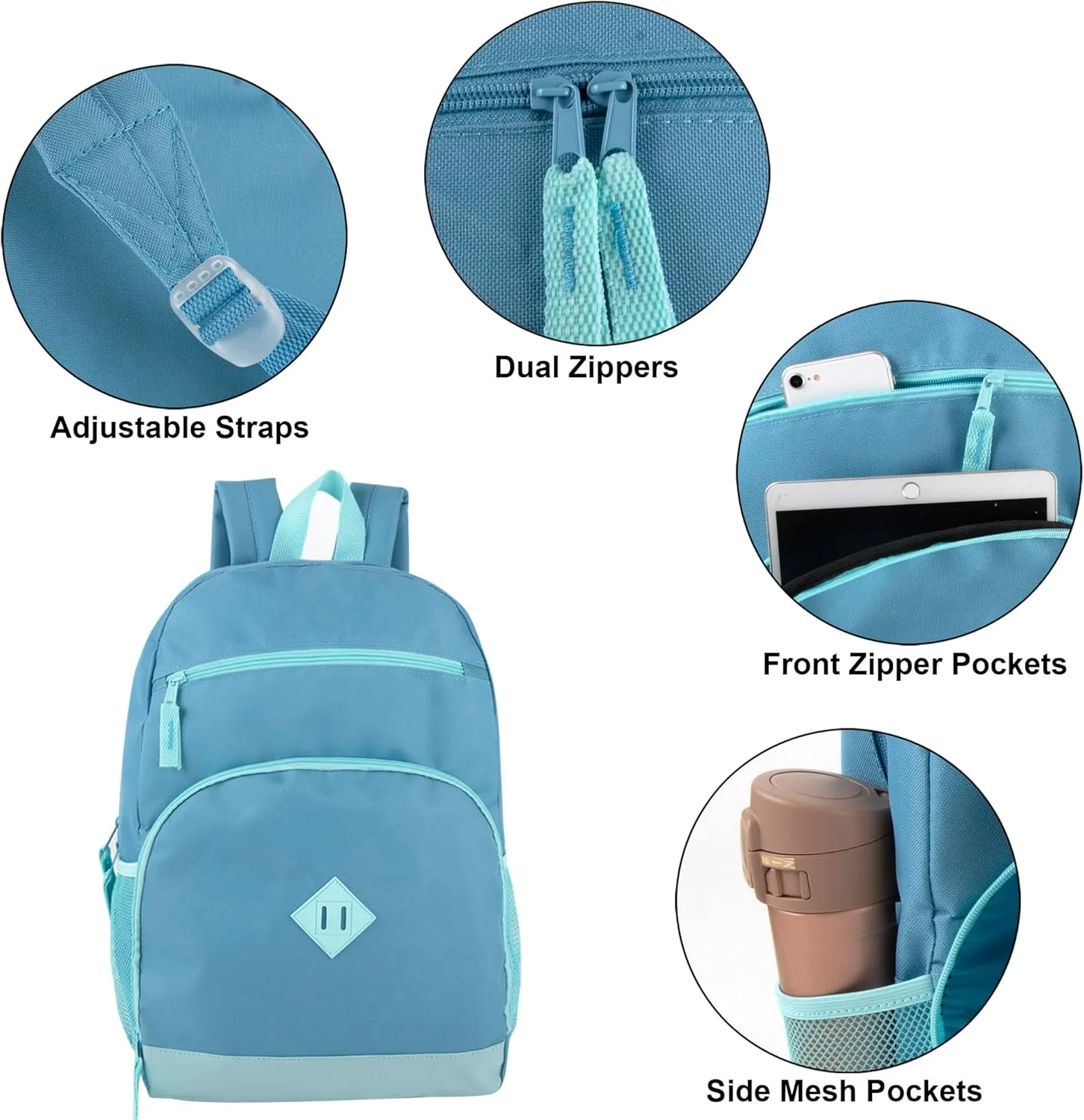 Trail maker 24 pack Classic Backpacks in Bulk Wholesale Backpacks with Side Pocket, Mesh Pocket for Homeless Adults, Donation (Women's Colors Pack)