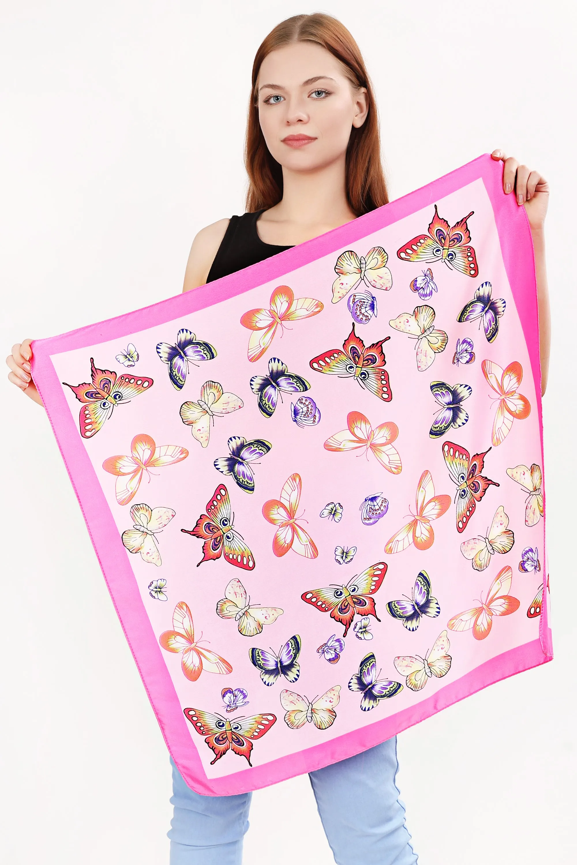 Vintage Silk Bandana Butterfly Print Pink Large Square Satin HeadWrap