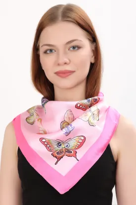 Vintage Silk Bandana Butterfly Print Pink Large Square Satin HeadWrap