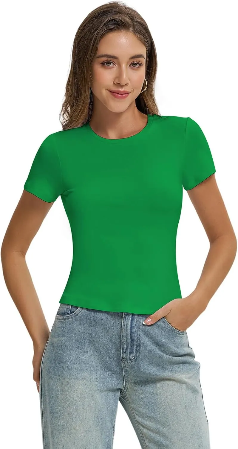 Women Casual Basic T Shirts Top Y2k Crop Tops Trendy Tight Tshirts Tee Slim Fit Clothes