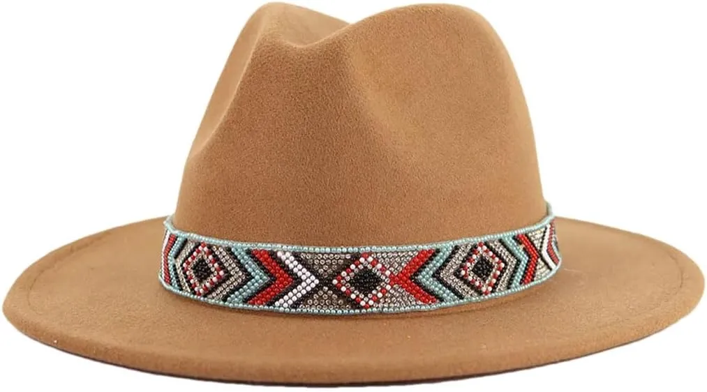 Women Fedoras Accessories Colorful Beads Wide Edge Jazz Hat Men Panama Hat Sombrero 17 M55-58cm