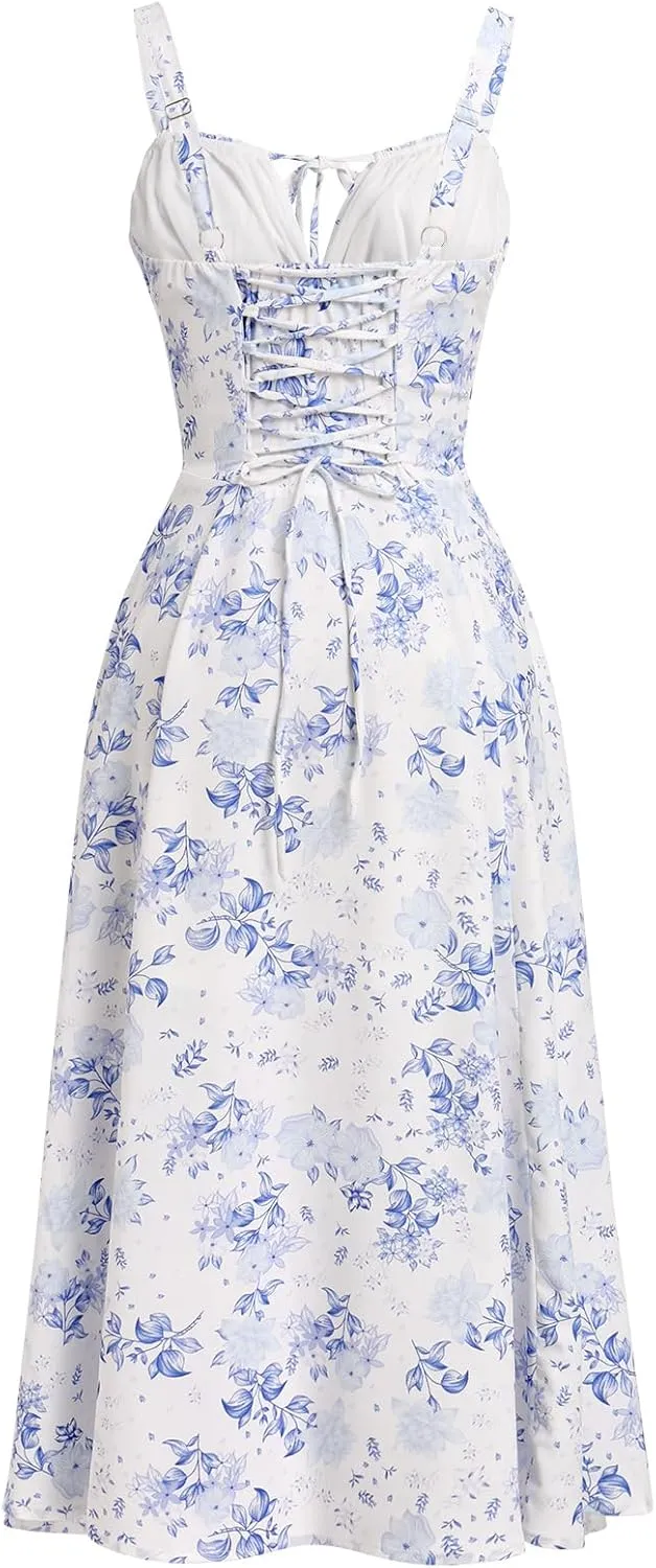Women Floral Corset Dress Summer Dress 2024 Boho Flowy Slit Lace Up Midi Dresses Going Out A Line Casual Sundress