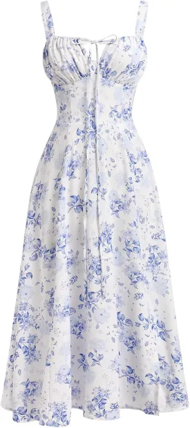 Women Floral Corset Dress Summer Dress 2024 Boho Flowy Slit Lace Up Midi Dresses Going Out A Line Casual Sundress