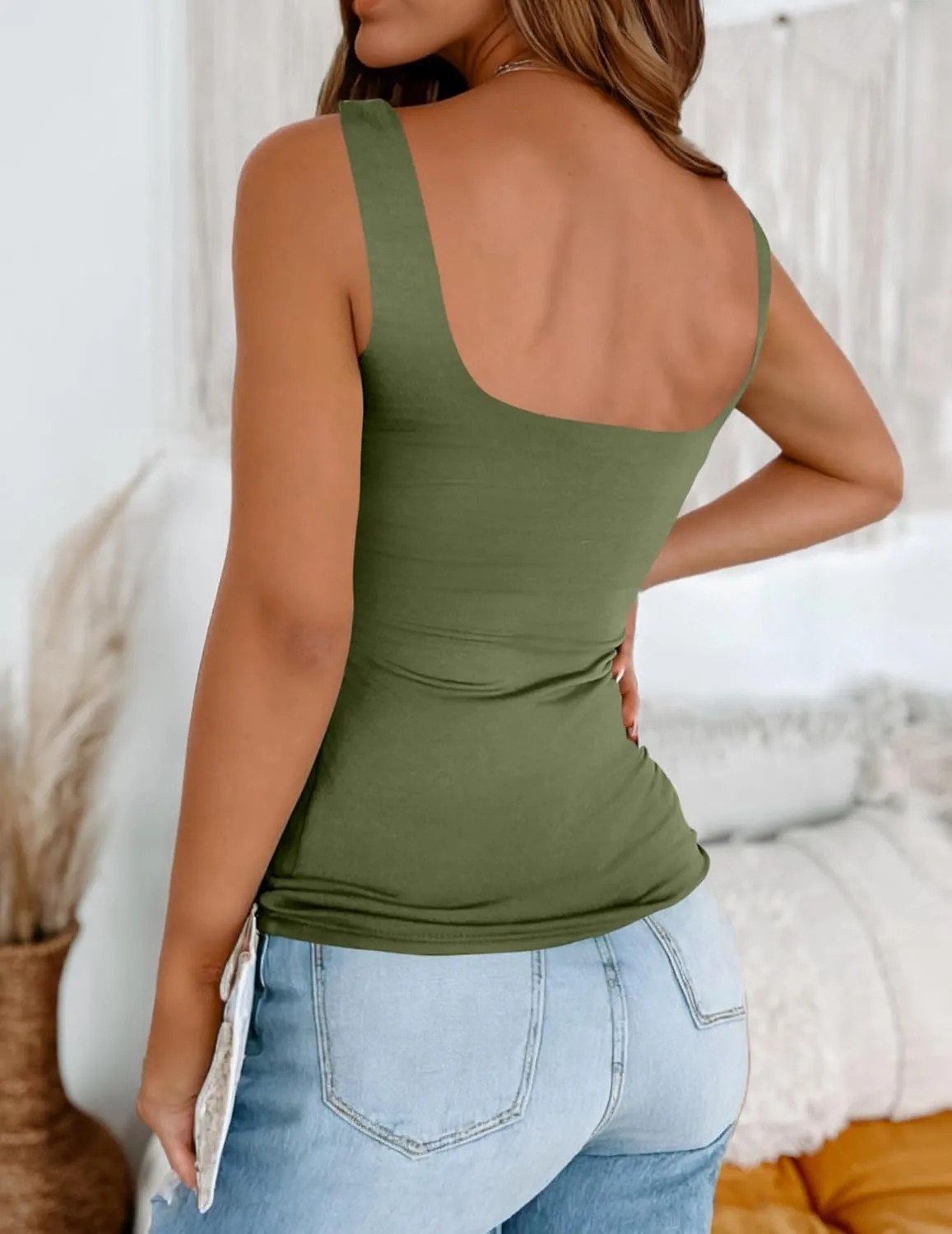 Zeagoo Women's Square Neck Double Lined Tank Tops Cute Summer Tops Seamless Slim Fit Basic Sleeveless Shirts
